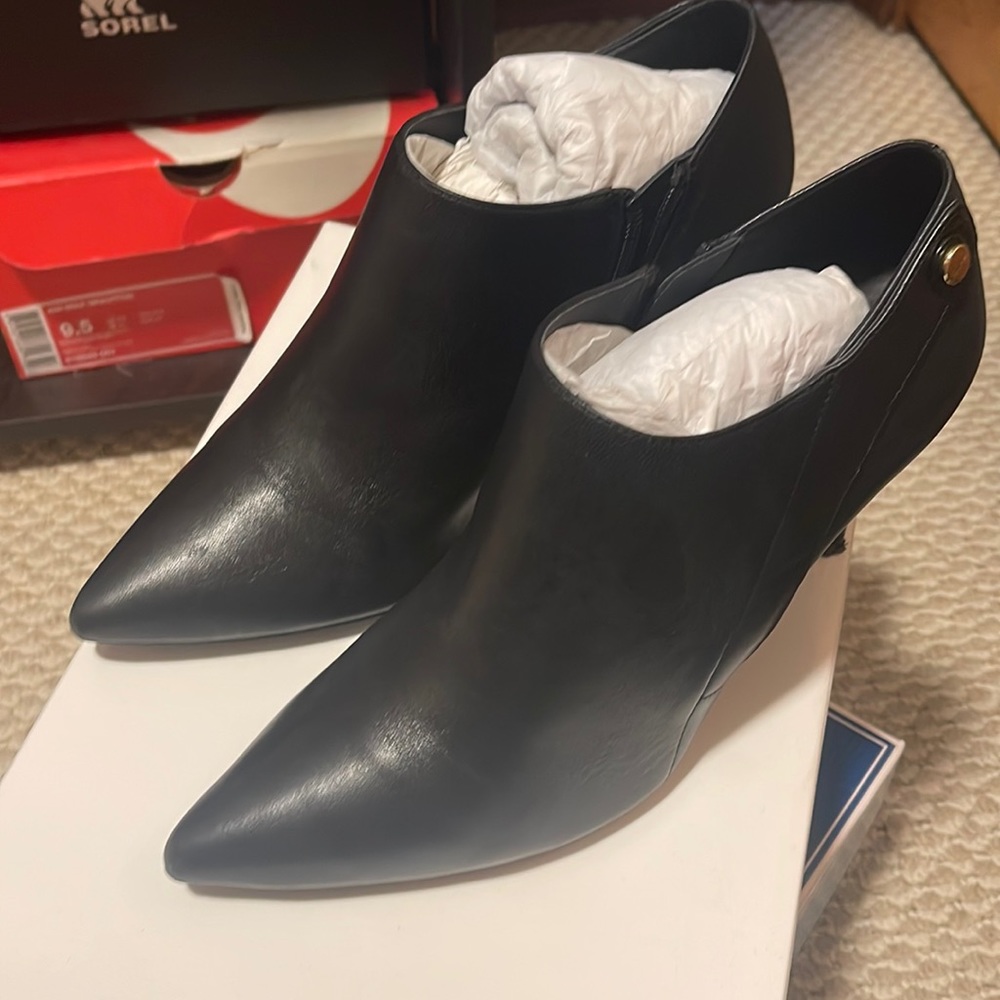 Brand new in box, Calvin Klein black leather booties, size 8 1/2